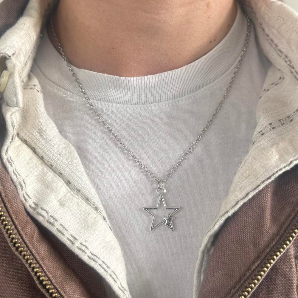 Y2K Silver Double Star Necklace
